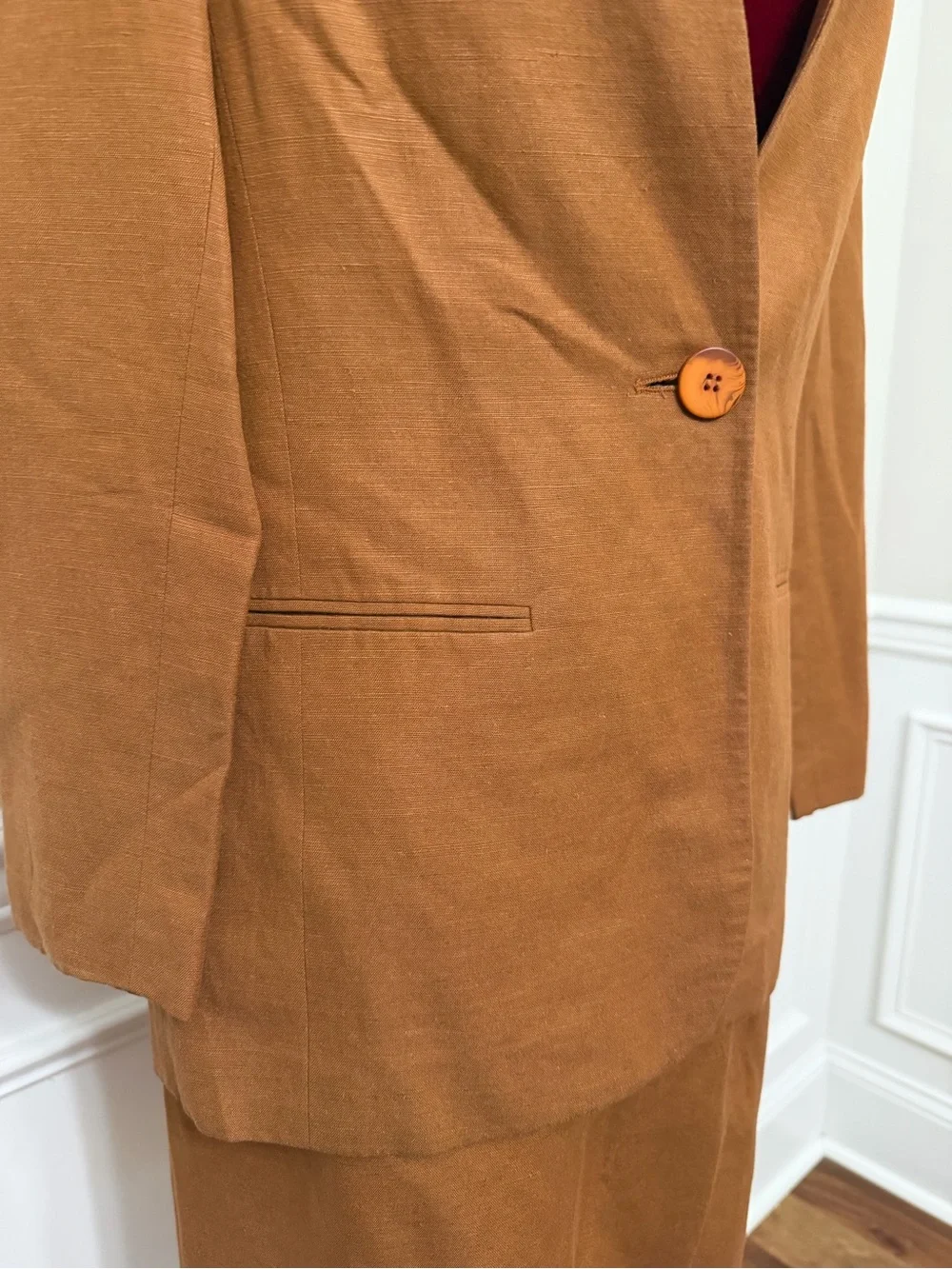 Vintage Amanda Fielding Petites Linen-Blend Skirt Suit - Toffee Brown 4P/10P Mix